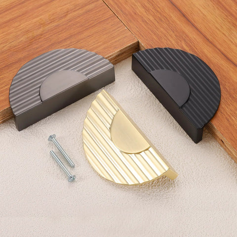 Half Moon Cabinet Pulls Set Of 2 In Black Zinc Alloy Semicircle Drawer Handles with screws on wood surface