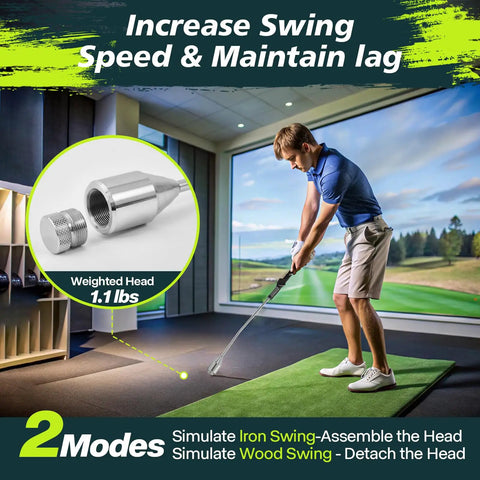 Man using Weighted Golf Swing Trainer and Grip Trainer for Indoor Practice, showing detachable weighted head feature.