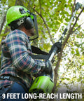 Person using 80V 10 Inch Cordless Polesaw For Pruning And Trimming Branches With Brushless Motor And Automatic Oiler Delivers Long Runtime