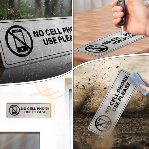 No Cell Phone Use Please Sign Set 9 By 3 Inch Adhesive Aluminum Workplace Safety Signage Waterproof Wall Sign For Business Classroom Outdoor Indoor Two Pack, showing signs in different environments, indicating water resistance and durability.