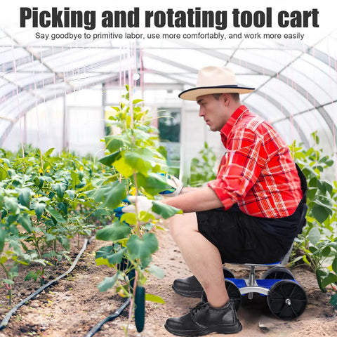 Gardener using Rolling Garden Seat With Flat Wheels, Premium Adjustable Height Work Stool, Foldable Lazy Seat Cart With Storage Shelf, 360 Degree Swivel Ergonomic Garden Stool, Perfect For DIY, Painting, And Planting, Blue in greenhouse.