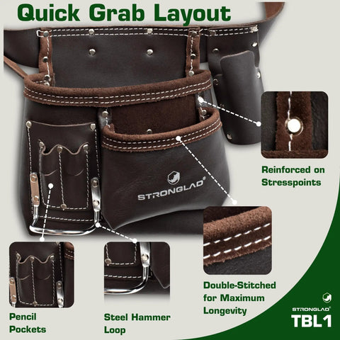 6 Pocket Oil Tanned Leather Tool Belt For 29 To 46 Inch Waists with reinforced stress points and pencil pockets.