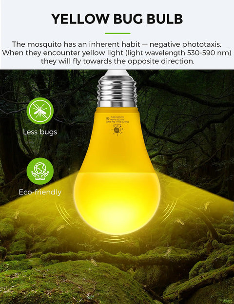 Yellow bug bulb with eco-friendly design for less bugs, emitting light in forest setting. Suitable for dusk to dawn outdoor use.