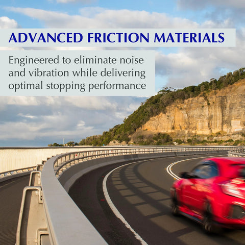 Automotive POSI-QUIET brake pads from Amazon on highway; blue Advanced Friction Materials text over a curved road with a red car