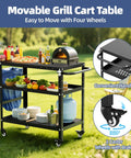 Outdoor Grill Cart And Prep Table For Patio 31.5 By 17.7 Inch Rolling BBQ Station with food prep surface, side tray, and wheels.
