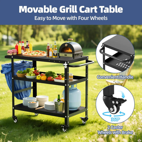Outdoor Grill Cart And Prep Table For Patio 31.5 By 17.7 Inch Rolling BBQ Station with food prep surface, side tray, and wheels.