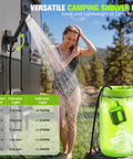 On The Go Camping Shower With 10000mAh Battery in use outdoors, woman showering beside RV, green waterproof dry bag shown.