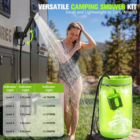 On The Go Camping Shower With 10000mAh Battery in use outdoors, woman showering beside RV, green waterproof dry bag shown.