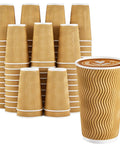 90 Pack 16 Oz Disposable Coffee Cups No Lids Insulated Ripple Wall Champagne Corrugated Paper Cups stacked with latte art on top.