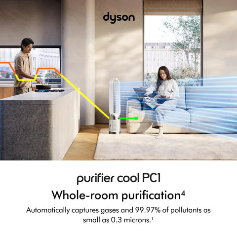 Purifier Cool PC1 Bladeless Air Purifier Tower Fan With HEPA And Activated Carbon Filter in living room with airflow effect