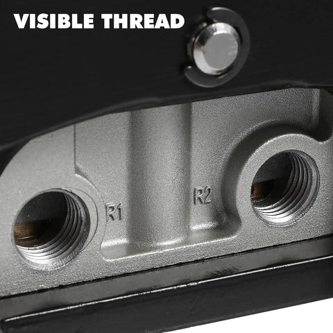 Close-up of Five Way Three Position Center Closed Pneumatic Foot Pedal Valve With Leak Proof Zinc Alloy Body showing R1 R2 ports.