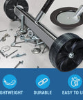 Ultimate Quick Release Magnetic 2 in 1 Cleanup Kit With A 14 Inch Magnetic Sweeper And A Three And Three Eighths Inch Disk Made In USA Grab Nails Bolts Screws Then Dump Them Fast No Mess Safe Disposal For Metal Debris, showing metal debris collection