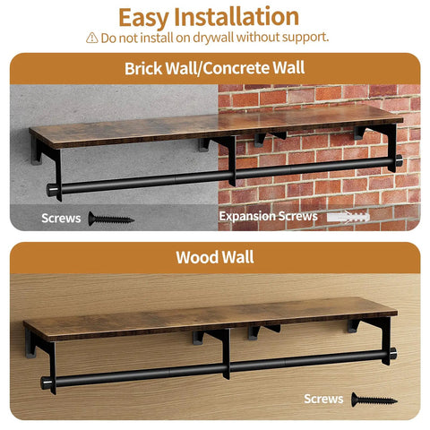 Installation guide for Heavy Duty Wall Mount Clothes Rack Featuring A Solid Wood Top Shelf And Rust Free Steel Framing.