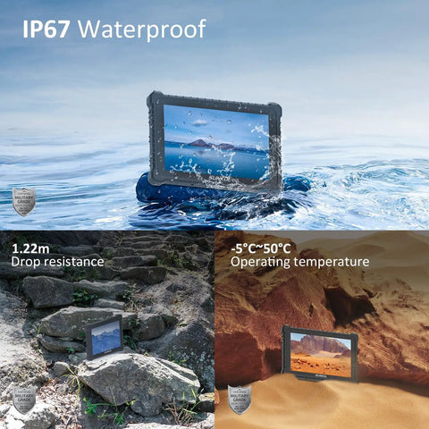 Heavy Duty 10.1 Inch Rugged Tablet Running Windows 11 Pro With Intel Core I5 Chipset Offering IP67 Waterproof Seal And Military Grade Shockproof Armor Built Like A Tank For Daily Grinds And Field Ops on water and rocky terrain.