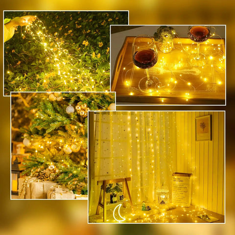 Battery Operated Fairy Lights With Timer Waterproof 16 Foot 50 LED String Lights Indoor Outdoor Lit Easy To Install Cuttable Starry Lights For Home Bedroom Dorm Classroom Wedding Christmas Decor Warm White glowing in various settings.