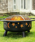 32 Inch Round Fire Pit With Mesh Cover And Fire Poker Star And Moon Design Wood Burning Outdoor Firepit For Patio Backyard Garden Bonfire Parties And Chill Backyard Vibes Ideal For Christmas Thanksgiving Halloween