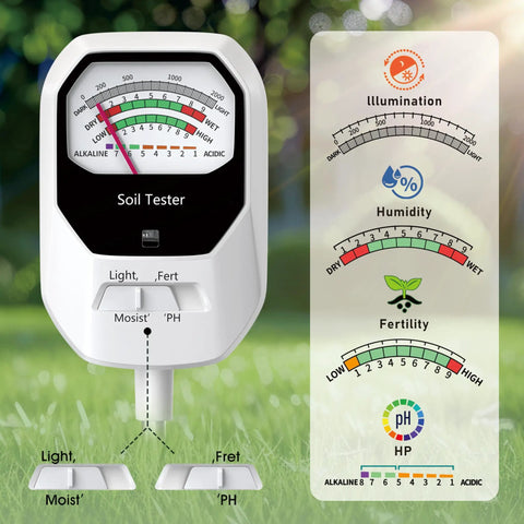 4 In 1 Soil Moisture Meter With Fertility PH And Sunlight Meter For Gardening And Farming Easy To Use Soil Tester For Indoor And Outdoor Plants Plant Care Gauge For Home Gardeners And Pros, front view
