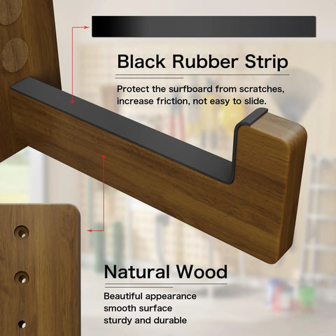 Close-up of rugged wood surfboard wall rack with soft rubber pads sturdy stand for paddleboards skimboards longboards dark finish