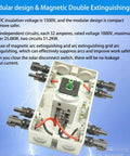 IP66 Waterproof Solar PV DC Quick Disconnect Switch 1000V 64A showing circuits and connectors with magnetic extinguishing arc.