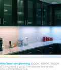 Kitchen with 24 Inch Under Cabinet LED Light Fixture With Linkable Design showing 3000K, 4000K, and 5000K white light variations.
