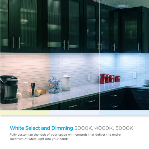 Kitchen with 24 Inch Under Cabinet LED Light Fixture With Linkable Design showing 3000K, 4000K, and 5000K white light variations.