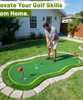 Person practicing on 5ft By 10ft Golf Putting Green Mat For Indoor Outdoor Practice With Real Green Feel And Realistic Turf in backyard