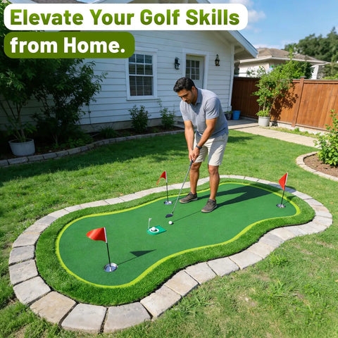 Person practicing on 5ft By 10ft Golf Putting Green Mat For Indoor Outdoor Practice With Real Green Feel And Realistic Turf in backyard