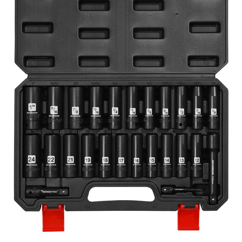 1/2 Inch Drive Deep Impact Socket Set Built Tough With CR-V Steel For Heavy Duty Use, Metric And SAE Sockets in case