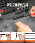 3-piece thread file set with red-handled file restoring bolt threads; storage case and hex nuts visible