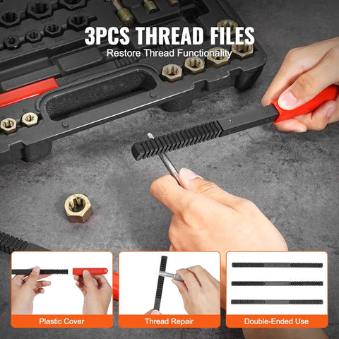 3-piece thread file set with red-handled file restoring bolt threads; storage case and hex nuts visible
