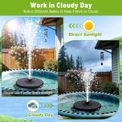Solar Fountain Pump For Garden And Pond With 3 Adjustable Spray Heights And 7 Nozzles, demonstrated in sunny and cloudy conditions.