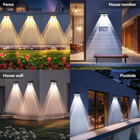 Outdoor Solar Fence Lights With Six Modes 2700K 4500K 6500K IP65 on fence, house wall, number, poolside
