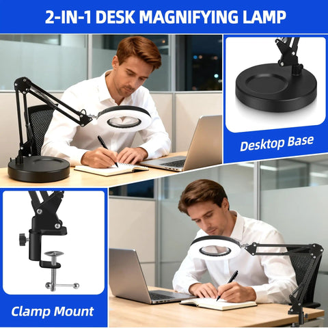 Man using 12X Magnifying Glass With Light And Stand, 144 LED Desk Magnifier Lamp With Base And Clamp for close work