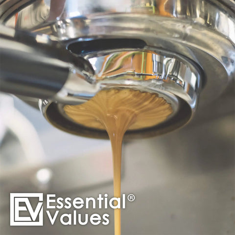 Close-up of espresso flowing from portafilter, showcasing 12 Pack Replacement Water Filters For Breville BWF100 Charcoal Activated.