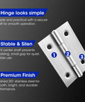 Two Inch Stainless Steel Door Hinges Set Of 6 For Cabinets And Boxes, Heavy Duty Butt Hinges with polished finish and features listed