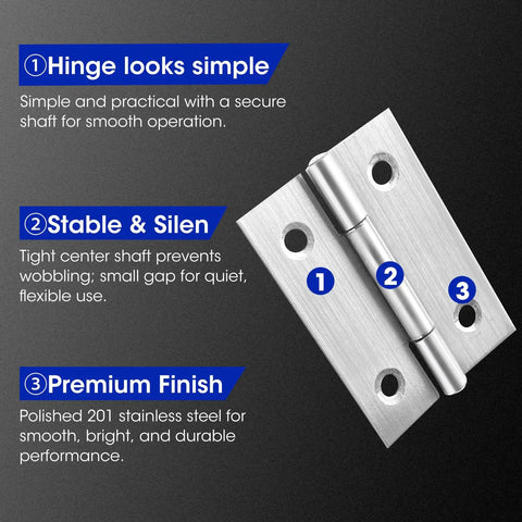 Two Inch Stainless Steel Door Hinges Set Of 6 For Cabinets And Boxes, Heavy Duty Butt Hinges with polished finish and features listed