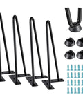 12 Inch Hairpin Table Legs Set Of 4 With Black Floor Protectors, DIY Modern Desk And Outdoor Table Legs, Heavy Duty Metal Hairpin Legs, Two Rod Design For Custom Furniture And Easy Upgrades, screws, and pads shown