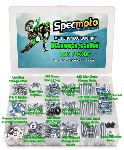 Replacement Fastener Kit For KX And KXF Dirt Bikes 1996 Onward With OEM Matching Kawasaki Bolts displayed in labeled compartments
