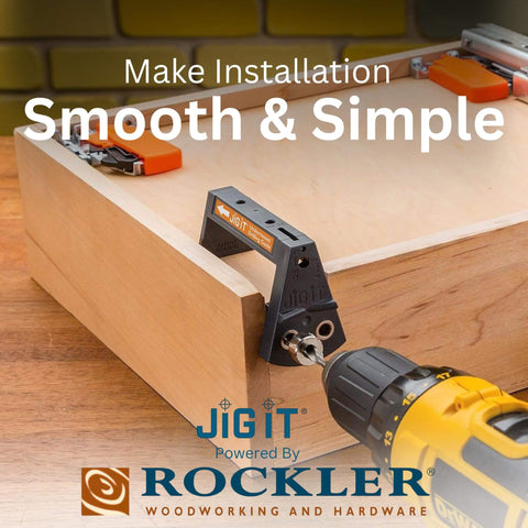 Undermount Drawer Slide Drill Guide For Blum Tandem And Drawer Slides A Pro Grade Must Have DIY Woodworking Tool Kit in use on a wooden drawer.
