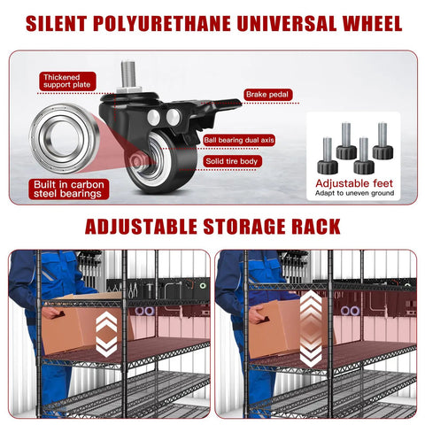 Beefy Rolling Five Tier Wire Shelving Unit With Wheels Adjustable Garage Pantry Kitchen Storage Rack 60 Inch Wide 24 Inch Deep 72 Inch High 3500 Lbs Static Load 700 Lbs Per Shelf Dynamic Load, black wire rack with adjustable feet