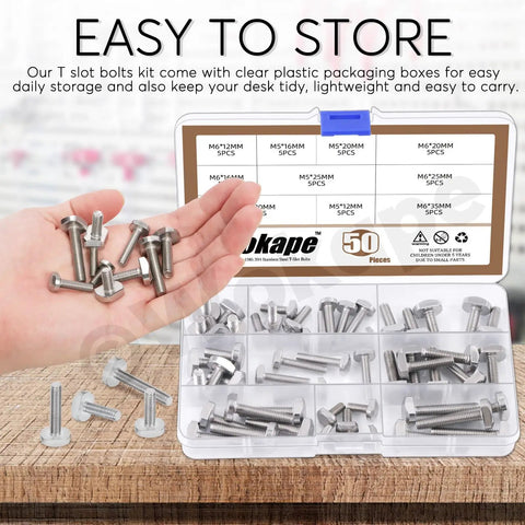 Image of Pro Grade 50 Piece 304 Stainless Steel T Slot Bolt Kit M5 And M6 Drop In Stud Bolts in clear plastic case for storage