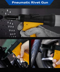 Pro-Grade Pneumatic Rivet Gun Kit With Self-Suction Auto Feed in use on metal and wheel, showing 3/32 to 3/16 inch nozzles.