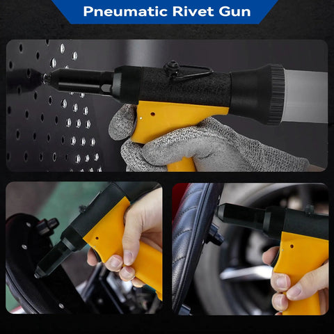Pro-Grade Pneumatic Rivet Gun Kit With Self-Suction Auto Feed in use on metal and wheel, showing 3/32 to 3/16 inch nozzles.