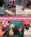 Rock Solid Corded Rotary Tool Kit With 180 Watt Motor Variable 8000 To 35000 Rpm Six Speed Controls accessory uses for cutting, sanding, engraving.