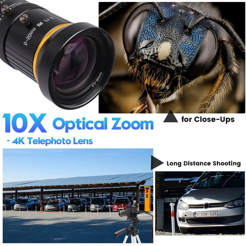 5MP USB Camera with 5 to 50 millimeter telephoto lens 10x optical zoom showcasing macro and long distance capabilities.