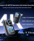 4K Mini Action Camera With EIS Stabilization, dual touchscreen, and compact design for vlogging and outdoor adventures.