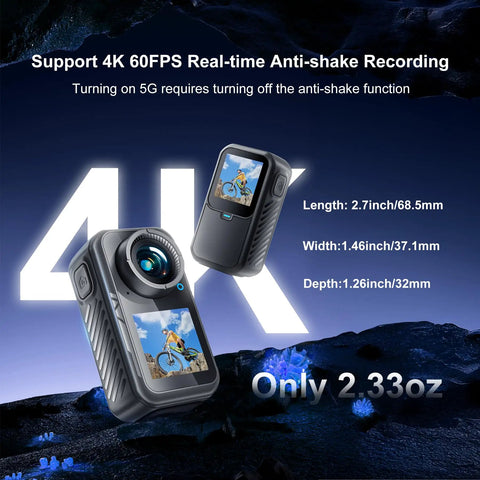 4K Mini Action Camera With EIS Stabilization, dual touchscreen, and compact design for vlogging and outdoor adventures.