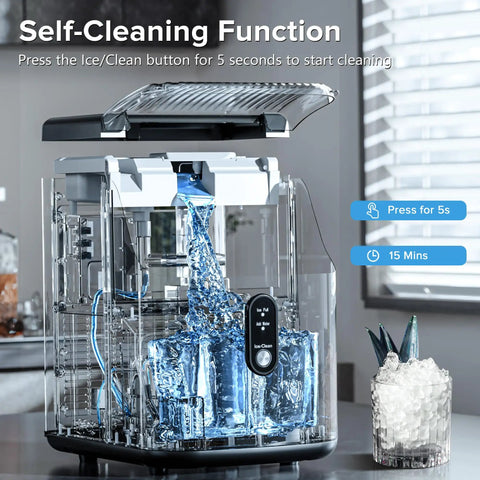 Self-cleaning function of Nugget Ice Maker Countertop 34 Lbs Per Day Portable Ice Machine with crushed ice and water flow