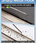 Sharp metal hook in Three In One Screen Repair Kit With Roller And Spline Removal Hook for fast window screen repair