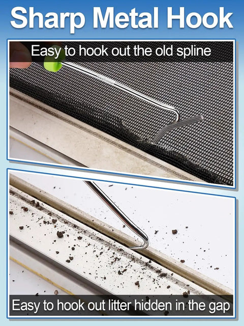 Sharp metal hook in Three In One Screen Repair Kit With Roller And Spline Removal Hook for fast window screen repair
